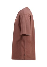 Ruskea puuvillainen t-paita rentoa istuvuutta, lyhyet hihat ja kukkakuosi rinnassa. Suora helma ja sivurentoutustiedot.