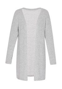 Grauer Cardigan aus weichem Strickmaterial, mit lockerer Passform, offenem Frontbereich und langen Ärmeln mit glatter Textur.