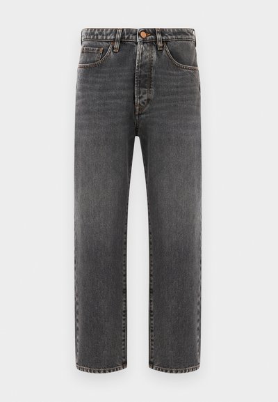 Jeans grigio scuro in denim, con un design a gamba dritta, cinque tasche e dettagli con cuciture in rilievo. Chiusura con bottone in vita.