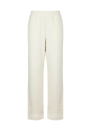 Pantaloni a gamba larga color crema con vita elastica, realizzati in tessuto morbido, con una texture liscia e senza motivi o accenti visibili.