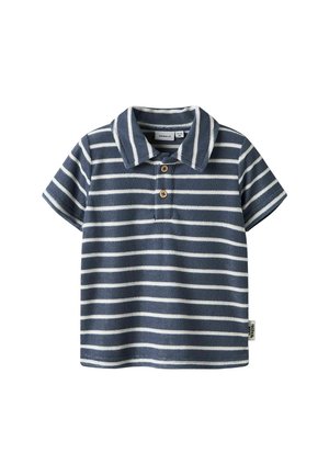 Polo per bambini con maniche corte a righe orizzontali blu navy e bianche, con due bottoni di legno sulla patta del colletto.