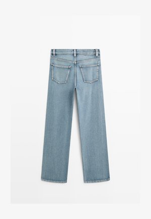 Light blue denim wide-leg jeans with a mid-rise waist, featuring two back pockets and a classic straight cut.