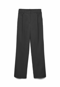 Czarne spodnie o szerokich nogawkach wykonane z gładkiej tkaniny, posiadające dwie przednie zakładki i średni stan z szlufkami na pasek. Brak widocznych kieszeni.