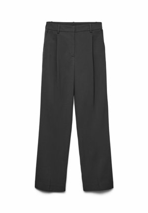 Černé široké kalhoty z hladké látky, s dvěma předními záhyby a středně vysokým pasem s poutky na opasek. Bez viditelných kapes.