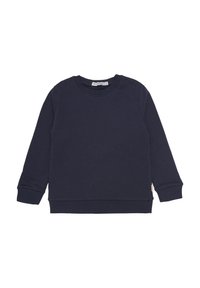 Mörkblå långärmad sweatshirt i mjuk bomull. Har rund halsringning, ribbade ärmmuddar och en liten märkesetikett på sidan.