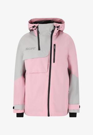 Roze en grijze waterdichte jas met een voorzak, ritszak op de borst, zwarte accenten en verstelbare capuchon en manchetten.