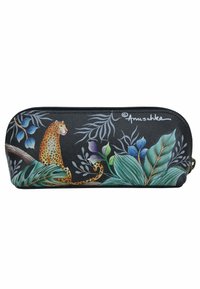 Zwarte ritspennezak met een ontwerp van een luipaard en tropische bladeren in levendige kleuren, met gedetailleerde groene bladeren en paarse accenten.