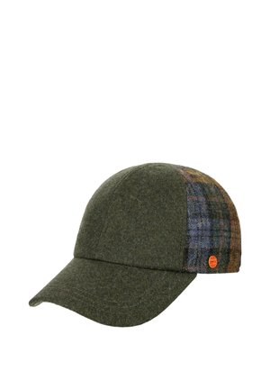 Baseballkappe mit olivgrünem Vorderteil und Schirm sowie einem mehrfarbigen Karomuster auf den Rückenteilen mit einem kleinen runden orangen Emblem.