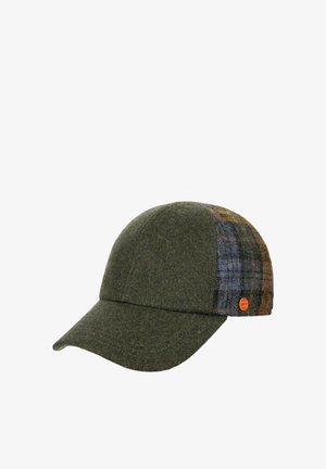 Baseball cap with olive green front and brim, and a multi-colored plaid pattern on the back panels with a small round orange emblem.