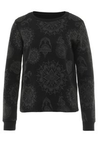 Felpa nera a maniche lunghe con intricati modelli floreali e paisley grigi, con colletto rotondo e polsini a coste.