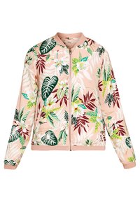 Chaqueta bomber con cremallera de flores en rosa claro, con hojas tropicales y flores en verde y burdeos. Textura suave y lisa con puños acanalados.