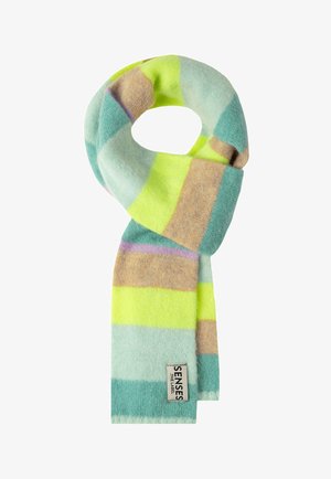 Striped soft wool scarf in pastel yellow, green, blue, beige, and purple with "Senses The Label" tag.
