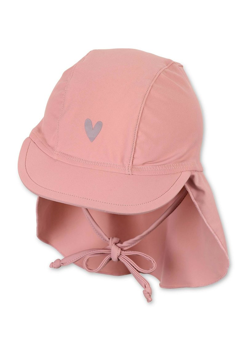 Pink sun hat with a wide brim and a neck flap. Features a small gray heart on the front and an adjustable chin strap. Smooth fabric texture.
