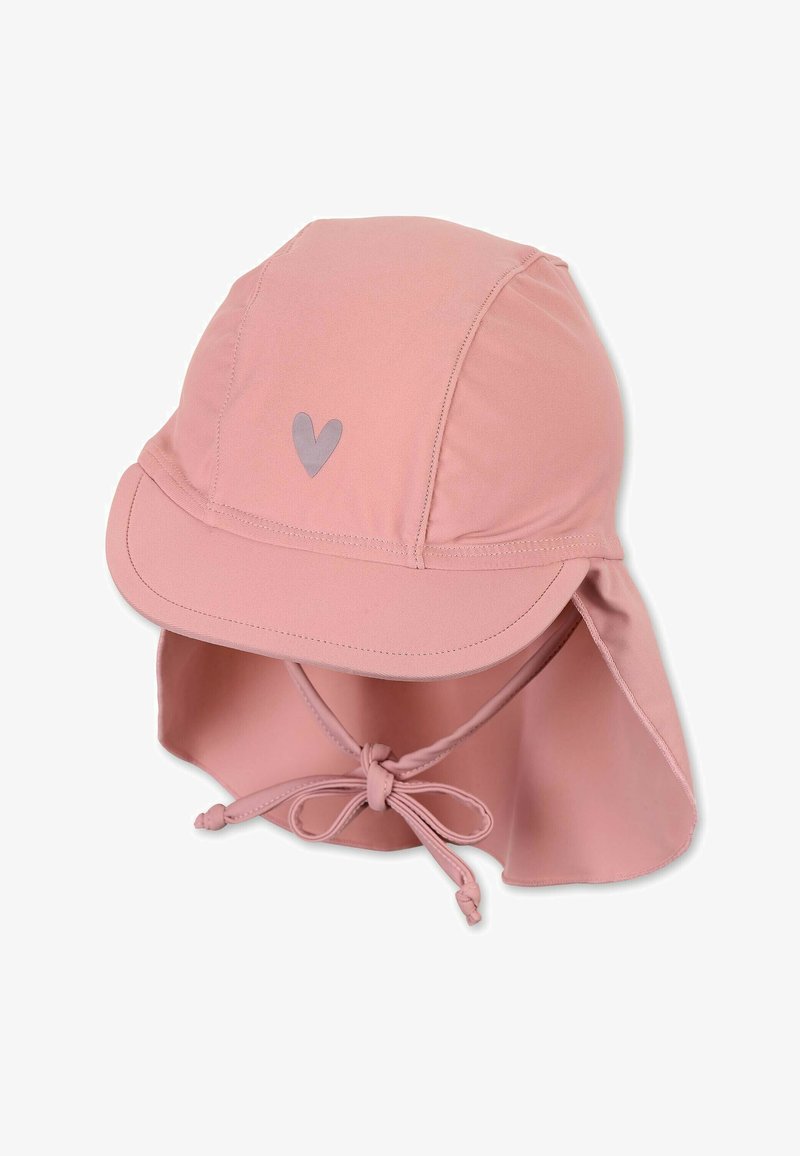 Pink sun hat with a wide brim and a neck flap. Features a small gray heart on the front and an adjustable chin strap. Smooth fabric texture.