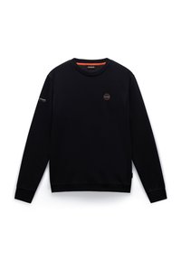 Czarna bluza z bawełny, z okrągłym dekoltem, ściągaczami przy rękawach oraz małą łatą z logo na klatce piersiowej. Gładka faktura, swobodny krój.