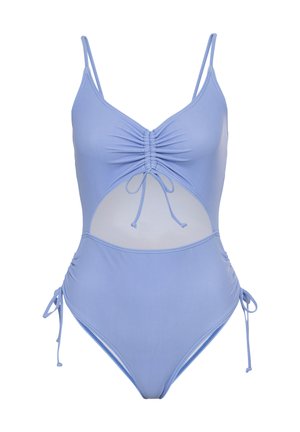 Modré jednodielne plavky s riaseným predným dielom, výrezmi po bokoch, nastaviteľnými ramienkami a viazaním na bokoch. Hladká tkanina, stredné zakrytie.