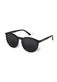 Ochelari de soare rotunzi negri cu lentile întunecate. Cadru din plastic lucios, cu un logo auriu pe tâmplă. Design elegant și modern.