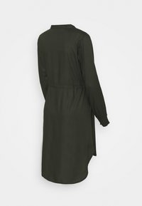 Lång, mörkgrön klänning med en slät textur, krage, långa ärmar, elastiska manschetter och en åtdragen midjedetalj, vy från baksidan.