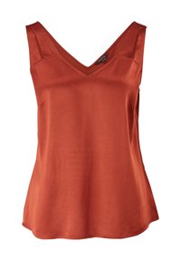 Haut caraco en satin orange rouille sans manches avec un col en V et larges bretelles.