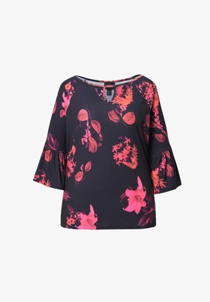 Dunkelbluse mit floralen Mustern in Marineblau und lebhaften pinken Blumen. Mit rundem Ausschnitt, dreiviertellangen Glockenärmeln und lässiger Passform.