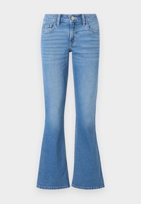 Jeans a zampa d'elefante di colore blu chiaro in denim, dotati di cinque tasche, chiusura frontale con bottone e una texture sottile. L'orlo è leggermente largo.