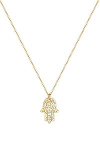 Collana in oro con pendente a forma di mano decorato con gemme trasparenti, caratterizzato da dettagli intricati e una superficie liscia.