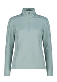 Vaaleansininen pitkähihaine paita, jossa on korkea kaulus, puolivetoketju ja contrasting-ompelu. Valmistettu sileästä ja joustavasta kankaasta.