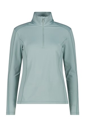 Ljust blå långärmad tröja med hög krage, halvdragkedja och kontrasterande sömmar. Tillverkad av ett mjukt och stretchy tyg.