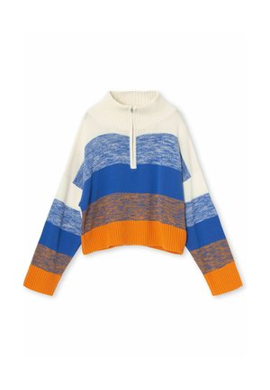 Pulover colorat cu dungi în nuanțe de albastru, alb, portocaliu și maro. Material tricotat cu guler înalt și închidere cu fermoar pe sfert. Lungime scurtă.
