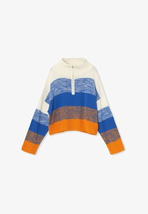 Farverig stribet trøje med blå, hvid, orange og brune nuancer. Strikket stof med høj krave og kvartlynlås. Kort længde.