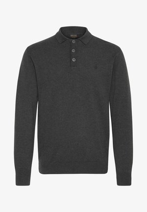 Dunkelgraues langärmeliges Polohemd aus Baumwolle mit einer Knopfleiste mit drei Knöpfen, gerippten Bündchen und einem kleinen Logo auf der Brust. Weiche Textur.