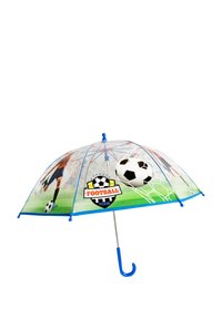 Clear umbrella with blue plastic accents, featuring football graphics, a soccer ball, and a goal design on a green base.