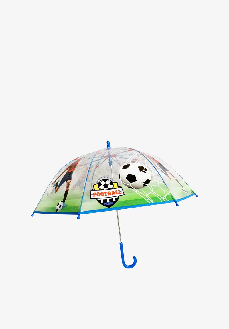 Clear umbrella with blue plastic accents, featuring football graphics, a soccer ball, and a goal design on a green base.
