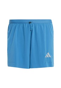 Modré športové šortky z ľahkej látky, s elastickým pásom so šnúrkou, malými ventilačnými otvormi a bielym logom.