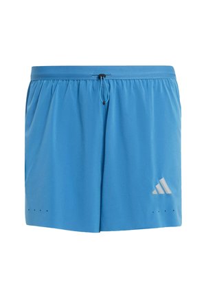 Pantaloncini sportivi blu realizzati in tessuto leggero, dotati di vita elastica con coulisse, piccoli fori di ventilazione e un logo bianco.