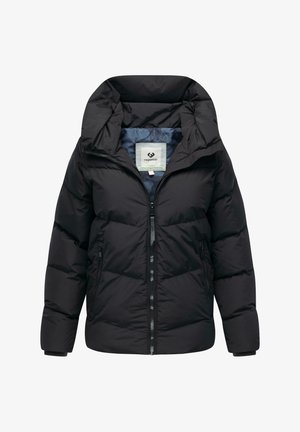 Giubbotto imbottito nero con cappuccio, dotato di chiusura frontale con zip, design trapuntato, colletto alto e polsini elastici. Fodera blu.