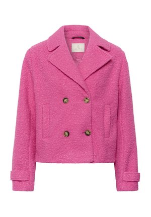 Pink double-breasted jacket made of textured fabric, featuring notch lapels, two front pockets, and gold-tone buttons on the front and cuffs.