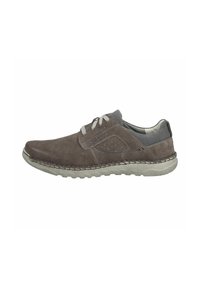 Graue Wildlederschuhe für die Freizeit mit runder Zehenpartie, Schnürdesign, strukturierten Stoffakzenten und einer flexiblen Gummisohle. Nahtdetails entlang der Kante.