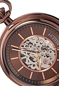 Roze goud zakhorloge met een transparante skeletgezicht dat ingewikkelde tandwielen toont. Bevat slanke uurmarkeringen en een lus voor bevestiging.