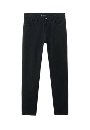 Black jeans made of denim, featuring a slim fit design, standard five-pocket styling, and a button closure at the waist.
