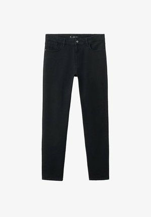 Black jeans made of denim, featuring a slim fit design, standard five-pocket styling, and a button closure at the waist.