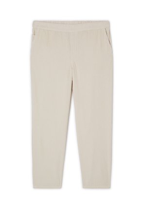 Pantaloni beige a costine con elastico in vita e tasche laterali. Il tessuto ha una superficie texturizzata, progettato per il comfort e la facilità d'uso.