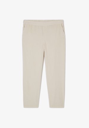 Pantalones beige de canalé con cinturilla elástica y bolsillos laterales. La tela tiene una superficie texturizada, diseñada para brindar comodidad y facilidad de uso.