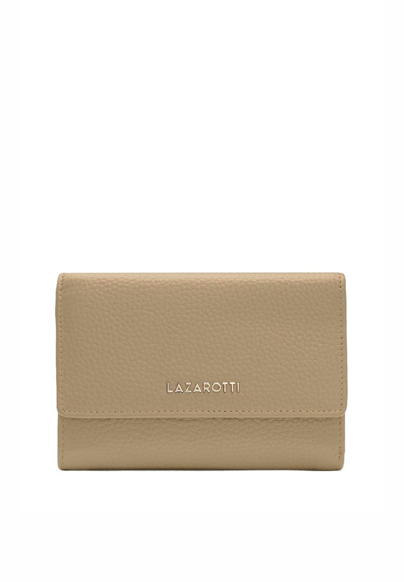 Portafoglio in pelle beige con superficie testurizzata, design pieghevole e logo "LAZAROTTI" impresso. Forma compatta e rettangolare senza hardware visibile.