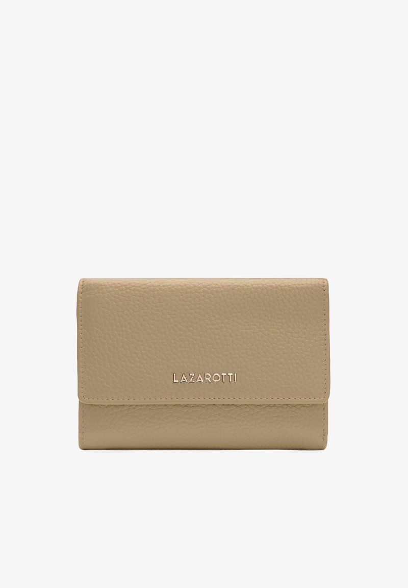 Portafoglio in pelle beige con superficie testurizzata, design pieghevole e logo "LAZAROTTI" impresso. Forma compatta e rettangolare senza hardware visibile.