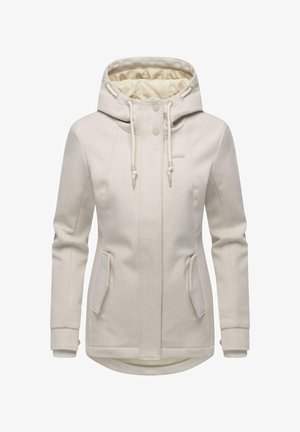 Veste d'hiver pour femmes beige avec capuche, cordons de serrage, boutons-pression, deux poches à rabat sur le devant et doublure intérieure rembourrée.