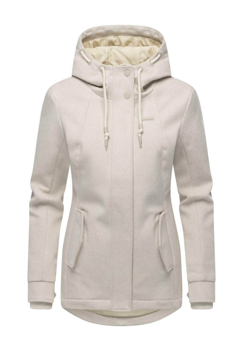 Beige dames winterjas met capuchon, trekkoorden, drukknoopsluiting, twee voorste klepzakken en gewatteerde binnenvoering.