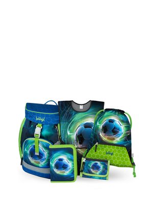 Set of blue and green school accessories featuring a glowing soccer ball design, including backpack, vest, drawstring bag, pencil case, and wallet.