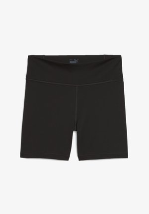Zwarte sportshorts met een brede tailleband, gemaakt van een gladde, rekbare stof. Voorzien van platte naden en een logo op de tailleband.