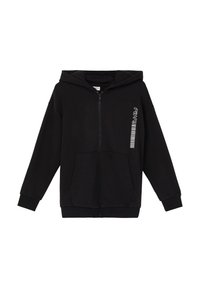 Haut à capuche zippé noir en tissu doux, avec une poche kangourou, des poignets côtelés et un design textuel vertical blanc sur le côté gauche.